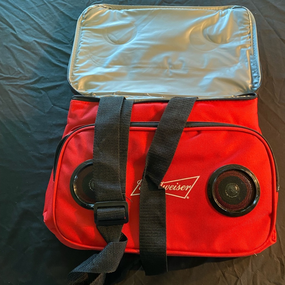 Budweiser Red Cooler Bag with Built-In Speakers and Black Straps